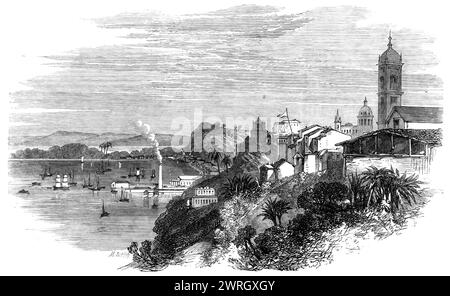 Vue de Bahia depuis les jardins publics, 1864. 'L'édifice en forme de dôme montré à droite est l'église du couvent bénédictin ; l'opéra apparaît près du milieu de la vue ; l'arsenal, distingué par une grande cheminée, et la maison de douane, avec jetée saillante, sont vus ci-dessous. Fort Gamboa et les eaux adjacentes, dans lesquelles les navires de guerre étaient ancrés, seraient plus à gauche. Tiré de "Illustrated London News", 1864. Banque D'Images