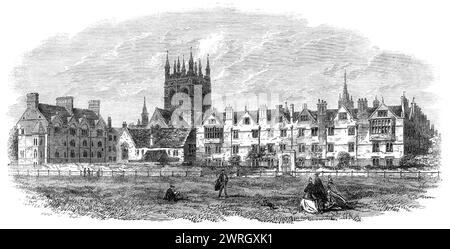 Vue générale du Merton College, Oxford, 1864. «Parmi les célébrations du centenaire organisées cette année, celui de Merton College, fondé depuis six cents ans, n'est pas le moins intéressant... le lecteur qui connaît les annales du collège se rappellera par sa tour pinacled et sa célèbre bibliothèque que c'était la première maison de science d'une école résolument anglaise; et que pendant deux siècles il n'y avait pas d'autre fondation, ni à Oxford ni à Paris, qui pourrait du tout s'en approcher dans la culture des sciences... tout au long de sa longue existence le plan architectural de la co Banque D'Images