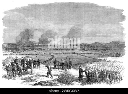 The War in America : marche des divisions de Kershaw et de Fitz Lee de l'armée confédérée dans la vallée de Virginie, 1864. «Nous avons reçu, de notre artiste spécial et correspondant avec l'armée des États confédérés en Virginie... croquis illustrant les opérations récentes dans la vallée de la Shenandoah... [la gravure montre] la marche des divisions commandées par Kershaw et Fitz Lee... sur leur chemin pour former une jonction avec les forces sous le général Early, près de Winchester... la vallée... ici s'étend à une telle largeur qu'elle devrait plutôt être appelée une plaine. La Blue Ridge est vue dans la distance Banque D'Images