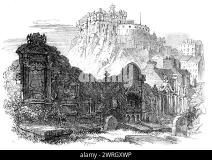 Édimbourg : le château, du cimetière Greyfriars, 1864. 'Le premier objet que chacun visite dans la vieille ville est le célèbre château d'Édimbourg. Son origine se perd dans les brumes de l'antiquité, mais la situation est si imposante qu'elle a sans doute été occupée depuis que l'homme primitif est devenu civilisé dans les arts de l'offense et de la défense... L'ascension est par une route... les principaux objets montrés aux visiteurs sont les regalia et le Mons Meg - ce dernier un grand canon, qui a éclaté, en 1682'. Tiré de "Illustrated London News", 1864. Banque D'Images