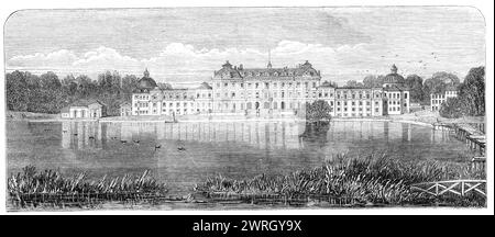 Visite du prince et de la princesse de Galles en Suède : Ulricksdal, résidence du roi de Suède, 1864. Le futur roi Édouard VII et la reine Alexandra en Scandinavie. Vue sur le château préféré du roi de Suède d'Ulricksdal, qui se trouve à environ 10 miles de la capitale. La route de Stockholm se trouve sur une partie du chemin à travers des parcs richement boisés, ayant tout à fait l'aspect des demesnes anglais; puis, abandonnant la grande route, il atteint quelques jardins conservés dans le style anglais, sur le bord desquels se trouve apparemment un beau lac, mais en réalité un bras de mer. Ceux-ci sont immédiatement un Banque D'Images