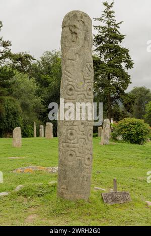 Monolithe de pierre avec hiéroglyphes dans la réserve archéologique Los Menhires située dans la ville d'El Mollar à Tucuman Argentine. Banque D'Images