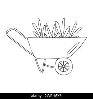 Brouette de jardin pleine de plantes vertes, illustration vectorielle plate de style doodle pour livre de coloriage pour enfants Illustration de Vecteur