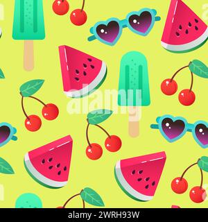 Motif sans couture mignon d'été vibrant avec pastèque, lunettes de soleil et glace. Illustration vectorielle Illustration de Vecteur