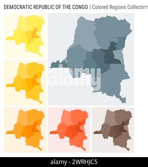 Collection de cartes DR Congo. Forme de pays avec régions colorées. Bleu gris, jaune, ambre, orange, orange profond, palettes de couleurs marron. Illustration de Vecteur
