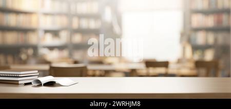 Un espace de présentation pour exposer des produits et des livres sur une table en bois avec un fond flou d'une spacieuse bibliothèque vintage. concept d'éducation. 3 Banque D'Images