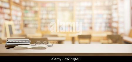 Une table en bois présente des lunettes, des livres et un espace de présentation pour exposer les produits sur le fond flou d'une bibliothèque scolaire. rendu 3d, Banque D'Images