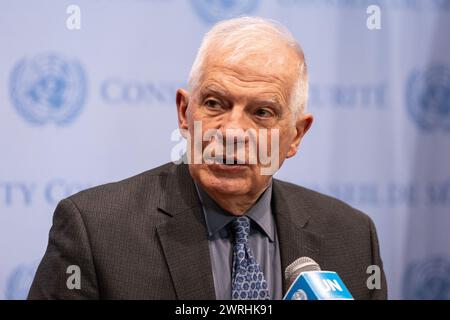 Josep Borrell, Haut Représentant de l'Union européenne pour les affaires étrangères et la politique de sécurité, s'adresse à la presse au siège de l'ONU à New York le 12 mars 2024 Banque D'Images