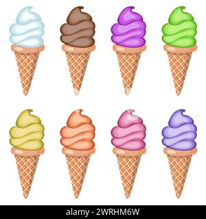 Un ensemble de crème glacée avec différentes saveurs dans des cônes gaufrés. Illustration vectorielle isolée sur fond blanc. Illustration de Vecteur