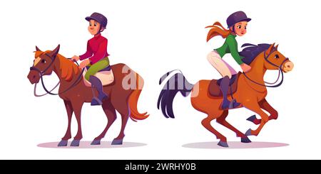 Cavalier homme et femme dans l'équipement. Ensemble d'illustration vectorielle de dessin animé du personnage masculin et féminin dans le casque et les uniformes monter à cheval. École équestre et concept d'entraînement de chevaux de course. Illustration de Vecteur