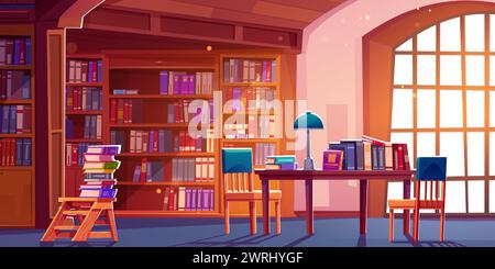 Bibliothèque publique avec de nombreux livres sur des étagères en cas, en pile sur une table en bois avec chaise et lampe. Librairie publique de vecteur de dessin animé avec de la littérature pour l'étude scolaire ou le concept de lecture. Illustration de Vecteur