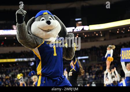 Jack, mascotte de l'État du Dakota du Sud, divertit la foule lors de la finale masculine du tournoi de basket-ball de la Summit League entre les Denver Pioneers et les Jackrabbits de l'État du Dakota du Sud au Denny Sanford premier Center à Sioux Falls, Dakota du Sud, le mardi 12 mars 2024. L'État du Dakota du Sud a battu Denver 76-68. Russell Hons/CSM. Banque D'Images