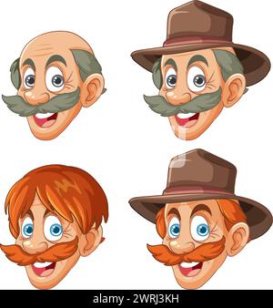 Quatre visages de dessins animés montrant différentes expressions. Illustration de Vecteur