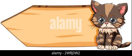 Adorable chaton de dessin animé assis à côté d'un panneau Illustration de Vecteur