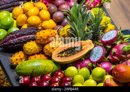 Fruits exotiques, litchi, jackfruit, fruit du dragon, mangue et agrumes présentés sur une table, Allemagne Banque D'Images