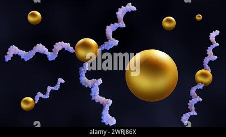 Le rendu 3d des nanoparticules d'or (AuNPs) peut être utilisé pour délivrer des acides nucléiques, tels que l'ARN, Banque D'Images