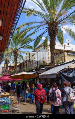 Haïfa, Israël - 08 mars 2024 : scène du marché de Wadi Nisnas, avec des habitants, des visiteurs et divers produits en vente, Haïfa, Israël Banque D'Images