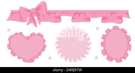 Illustration vectorielle de l'arc vintage girly rose et de l'ensemble de perles de ruban de cadre. Rubans isolés. Accessoires tendance coquette filles. Illustration de Vecteur