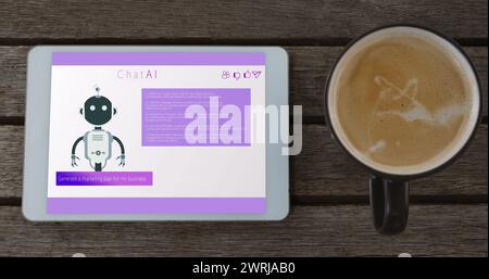 Image de la tablette avec l'icône ai chatbot et le traitement des données Banque D'Images