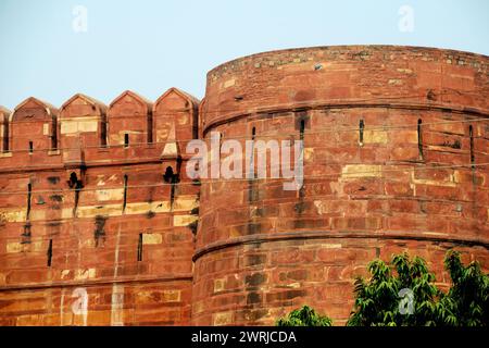 Vue partielle du mur de fortification du Fort d'Agra (Rouge), Agra, Uttar Pradesh, Inde Banque D'Images