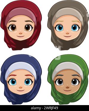 Quatre illustrations vectorielles de femmes portant des hijabs colorés. Illustration de Vecteur