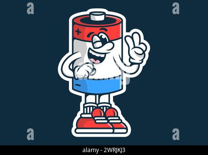 Illustration de personnage de mascotte d'une batterie avec la main formant symbole de paix Illustration de Vecteur