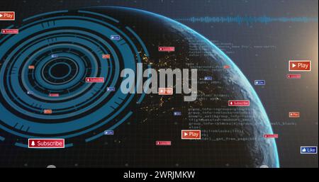 Image des icônes de médias sociaux sur les bannières sur le globe et balayage de portée Banque D'Images