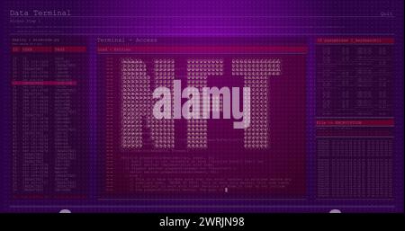 Bannière de texte NFT contre interface informatique avec traitement des données sur fond violet Banque D'Images