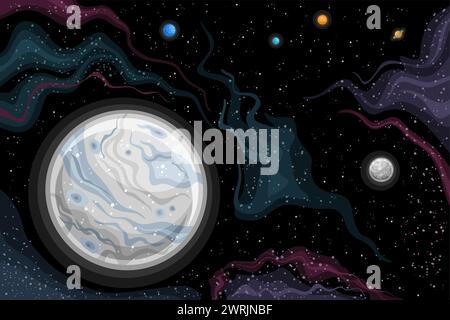 Vecteur Fantasy Space Chart, affiche horizontale avec la rotation de dessin animé de la lune Dysnomia autour de la planète naine Eris dans l'espace lointain, décoratif futuriste Illustration de Vecteur