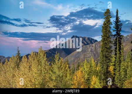 Canada, Yukon, vue sur la toundra en automne, avec des montagnes en arrière-plan, beau paysage dans un pays sauvage Banque D'Images