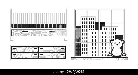 Mobilier de pépinière ensemble d'objets de dessin animé en ligne 2D noir et blanc Illustration de Vecteur