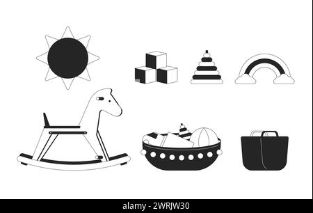 Jouets d'enfance ensemble d'objets de dessin animé en ligne 2D noir et blanc Illustration de Vecteur