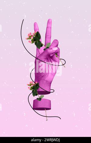 Vertical 3d photo illustration graphique collage de la main montrer signe v gagner jeu de paix ciseaux symbole geste deux doigts isolés sur fond peint Banque D'Images