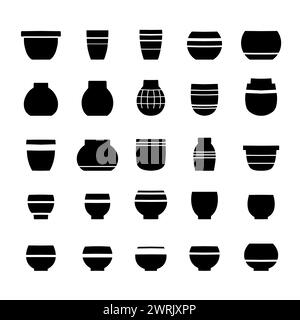 Ensemble vectoriel de silhouettes noires de pots de fleurs en céramique isolés du fond. Collection de silhouettes de pot d'argile icônes pour atelier de poterie, passe-temps Illustration de Vecteur
