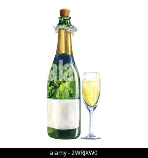 Bouteille de champagne verre aquarelle dessin ouvert. Fête pétillante vert doré anniversaire. Boisson de Noël anniversaire de fête. Isolé sur blanc Banque D'Images