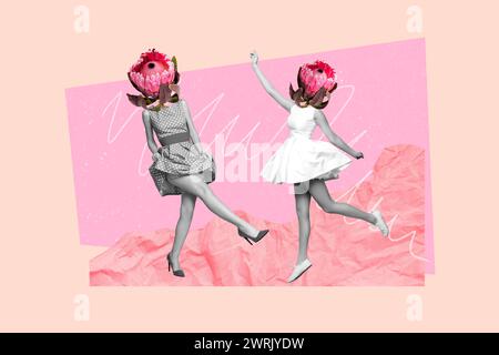 Croquis de tendance croquis de photos composites 3D de deux jeunes danseuses Lady headless protea flower intead 8 mars célébration de la saison de printemps Banque D'Images