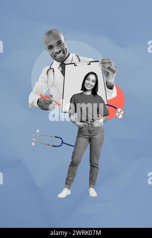 Image de collage d'un médecin d'homme souriant confiant donner un document pour signer l'assurance médicale isolé sur fond de dessin Banque D'Images