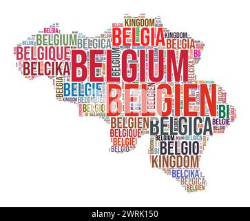 Nuage de mots en forme de pays Belgique. Illustration de pays de style typographique. Image Belgique dans le style nuage de texte. Illustration vectorielle. Illustration de Vecteur