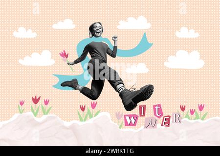 Image d'esquisse composite d'illustration d'art tendance de saut de dame excitée tenir bouquet de fleurs de tulipe dans la main de vacances réchauffant la saison du printemps Banque D'Images