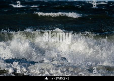 COIFFAGE BLANC, SOMMET, VAGUES, MERS ORAGEUSES, MER BALTIQUE : vagues de coiffage blanc dans une tempête de la mer Baltique au large de la côte de Jurmo, une petite île de l'archipel de Turku, au large de la côte sud-ouest de la Finlande. Photo : Rob Watkins. INFO : Jurmo Ia une population d'environ 50 personnes, et est connu pour son terrain accidenté, ses paysages pittoresques et sa flore et sa faune uniques. Jurmo est la dernière partie aérienne du système géologique de crêtes de Salpausselkä de l'âge glaciaire, qui traverse la Finlande. Banque D'Images