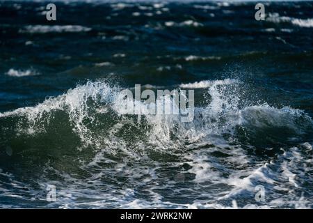 COIFFAGE BLANC, SOMMET, VAGUES, MERS ORAGEUSES, MER BALTIQUE : vagues de coiffage blanc dans une tempête de la mer Baltique au large de la côte de Jurmo, une petite île de l'archipel de Turku, au large de la côte sud-ouest de la Finlande. Photo : Rob Watkins. INFO : Jurmo Ia une population d'environ 50 personnes, et est connu pour son terrain accidenté, ses paysages pittoresques et sa flore et sa faune uniques. Jurmo est la dernière partie aérienne du système géologique de crêtes de Salpausselkä de l'âge glaciaire, qui traverse la Finlande. Banque D'Images