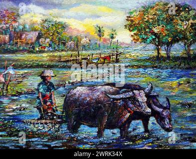 Peinture à l'huile originale Fine art plowman thailand Countryside Banque D'Images