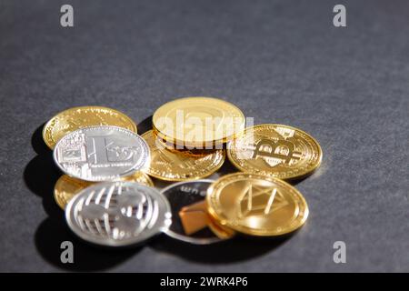 Briançon, France. 12 mars 2024. Illustration de la crypto-monnaie Bitcoin (BTC), Ethereum (ETH), Litecoin (LTC), Ripple (XRP), EOS, Dogecoin (Doge), le 12 mars 2024. Photo de Thibaut Durand /ABACAPRESS.COM crédit : Abaca Press/Alamy Live News Banque D'Images