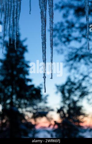 Glaçons massifs sur une maison d'été en hiver sur le lac gelé dans la région de Kajaani en Finlande centrale. La ville de Kajaani et la région environnante de Kainuu est un havre de paix de la vie finlandaise authentique dans la tranquillité et la beauté naturelle du cœur de la Finlande. Le magnifique paysage naturel, y compris le magnifique lac Oulujärvi, offre un cadre idyllique pour les activités de plein air, y compris la pêche, la randonnée, le ski et la motoneige. Banque D'Images