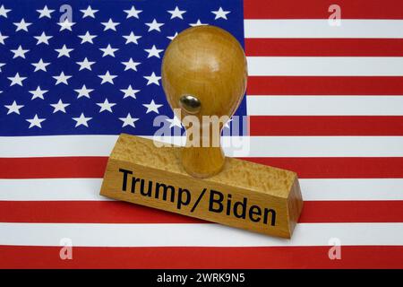 Stempel auf USA-Fahne mit Schriftzug Trump und Biden Stempel auf USA-Fahne mit Schriftzug Trump und Biden, 13.03.2024, Borkwalde, Brandenburg, Auf einem Sternenbanner steht ein Stempel mit dem Schriftzug Trump und Biden. *** Timbre sur drapeau américain avec lettrage Trump et Biden timbre sur drapeau américain avec lettrage Trump et Biden, 13 03 2024, Borkwalde, Brandebourg, sur une bannière étoilée est un timbre avec lettrage Trump et Biden Banque D'Images