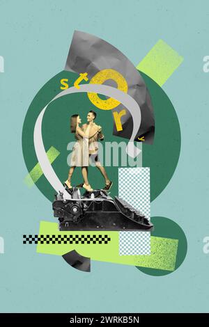 Illustration de collage vertical vintage magazine de jeune couple s'amusant ensemble dansant sur le vieux clavier histoire d'amour sur fond vert Banque D'Images