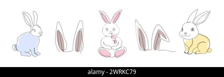 Collection de lapins jouets mignons et oreilles de lapin. Dessin continu sur une ligne. Ligne simple Isolé sur fond blanc. Style minimaliste. Design él Illustration de Vecteur