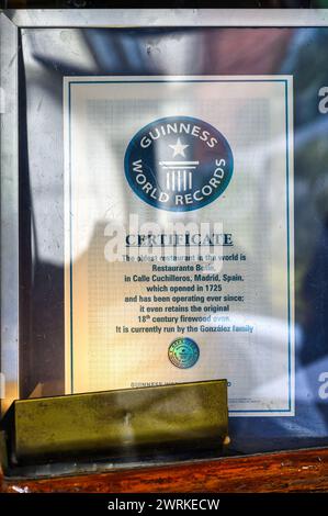 Plaque record Guiness au restaurant Sobrino de Botin, Madrid, Espagne Banque D'Images