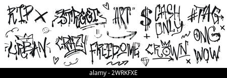 Ensemble d'étiquettes de peinture en aérosol, slogan ou flèche avec effet graffiti. Symbole dollar à l'encre dessiné à la main avec gouttes et éclaboussures. Élément de design noir urbain Street art, polices grunge isolées sur fond blanc. Illustration de Vecteur