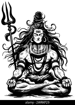 Illustration de style gravure sur bois du Dieu hindou Shiva sur fond blanc. Illustration de Vecteur